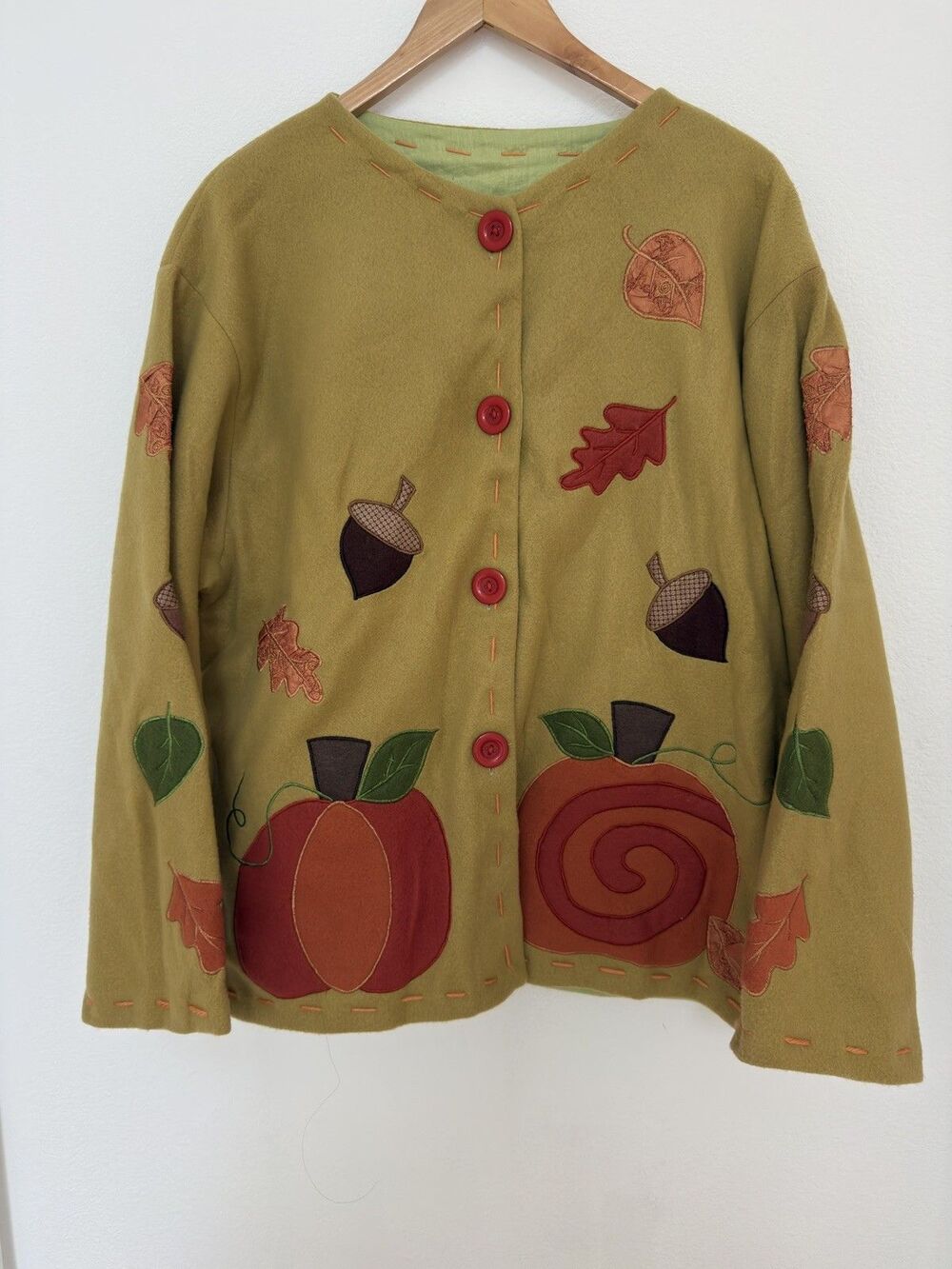 VTG 90s Y2K Autumn Pumpkin Leaf Applique Fleece Jacket Mustard Cardigan L Lined - Picture 2 of 16